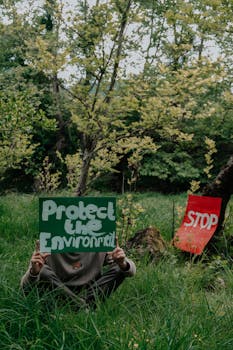 Person in Gray Shirt Sitting on Green Grass Holding a Sign